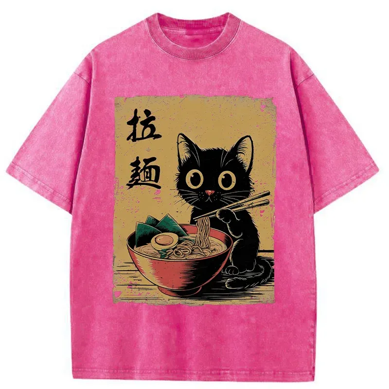 Tokyo-Tiger Retro Black Cat Eating Ramen Washed T-Shirt