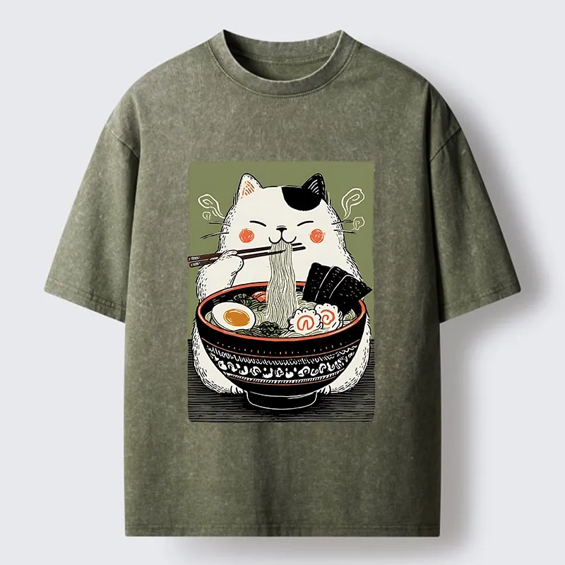 Tokyo-Tiger Cat Eating Ramen Meme Washed T-Shirt