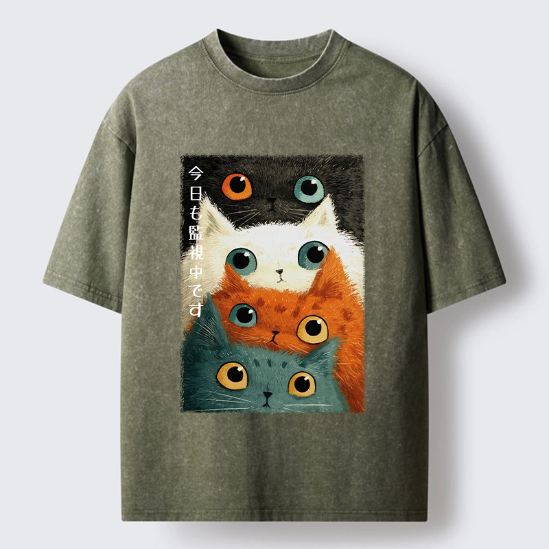 Tokyo-Tiger Watching Stacked Cats Washed T-Shirt