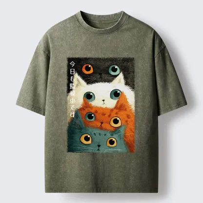 Tokyo-Tiger Watching Stacked Cats Washed T-Shirt
