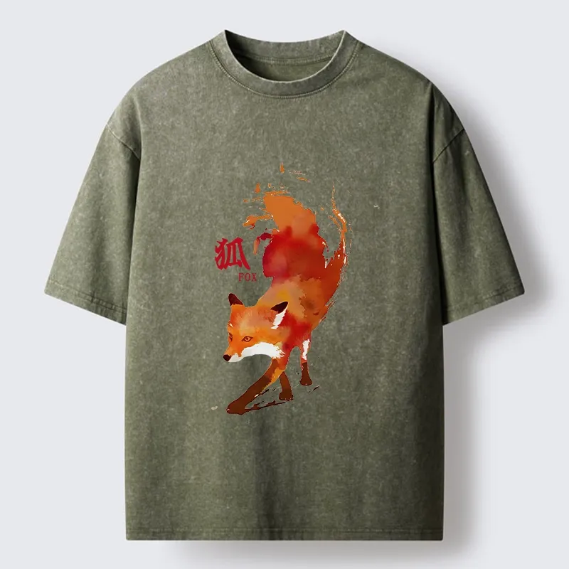 Tokyo-Tiger Watercolor Red Fox Art Washed T-Shirt