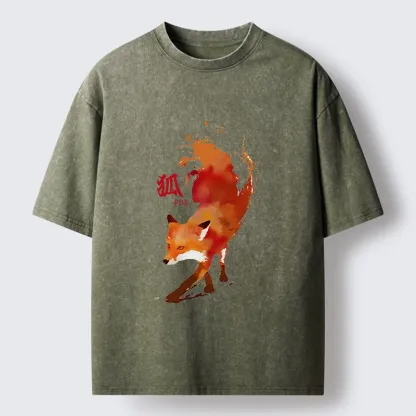 Tokyo-Tiger Watercolor Red Fox Art Washed T-Shirt