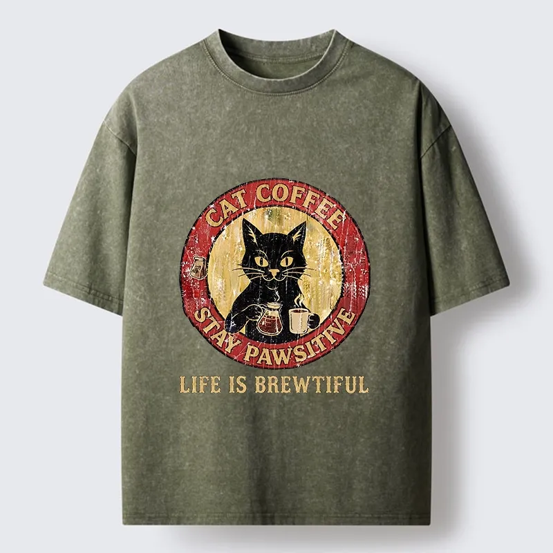 Tokyo-Tiger Cat Coffee Positive Vibes Washed T-Shirt