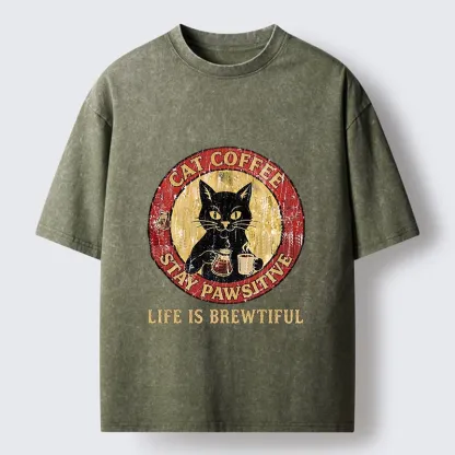 Tokyo-Tiger Cat Coffee Positive Vibes Washed T-Shirt