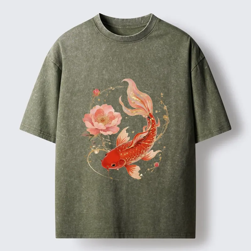 Tokyo-Tiger Lucky Koi Peony Art Washed T-Shirt