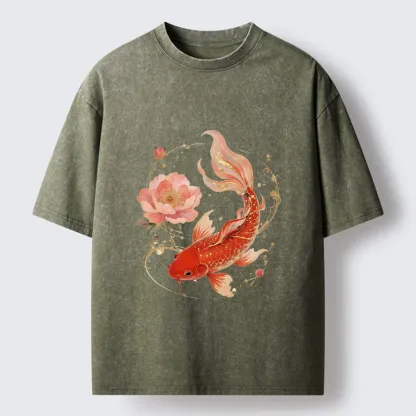 Tokyo-Tiger Lucky Koi Peony Art Washed T-Shirt