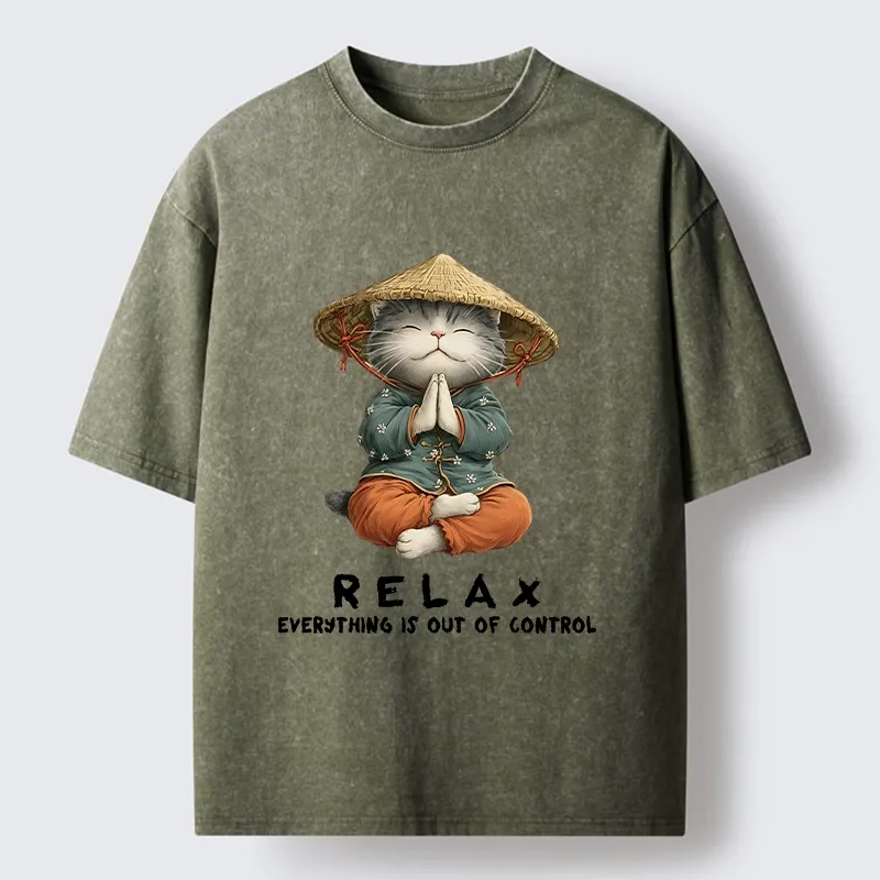 Tokyo-Tiger Zen Relax Cat Graphic Washed T-Shirt