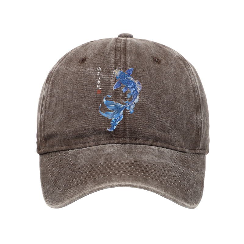 Tokyo-Tiger Lucky Blue Koi Fish Art Washed Cap