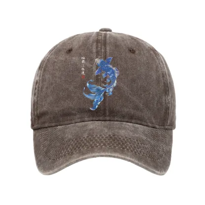 Tokyo-Tiger Lucky Blue Koi Fish Art Washed Cap
