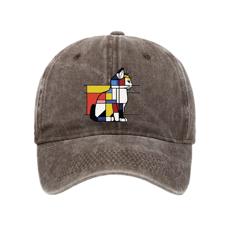 Tokyo-Tiger Geometric Cat Art In Primary Colors Washed Cap
