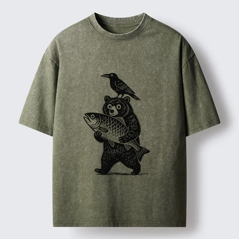 Tokyo-Tiger Bear Fish Crow Print Washed T-Shirt