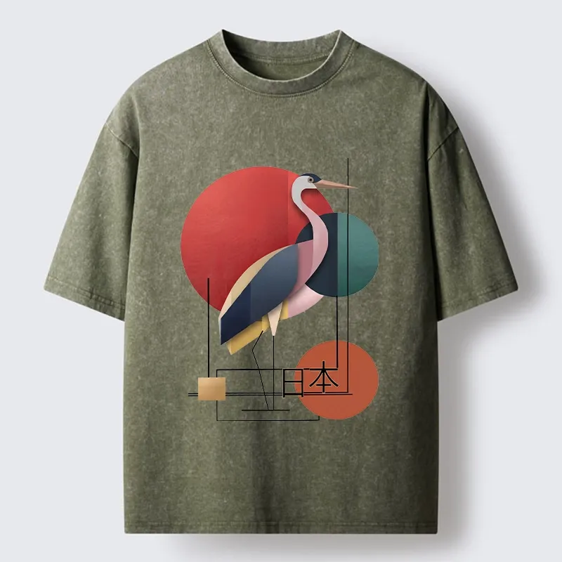 Tokyo-Tiger Geometric Crane Art Washed T-Shirt