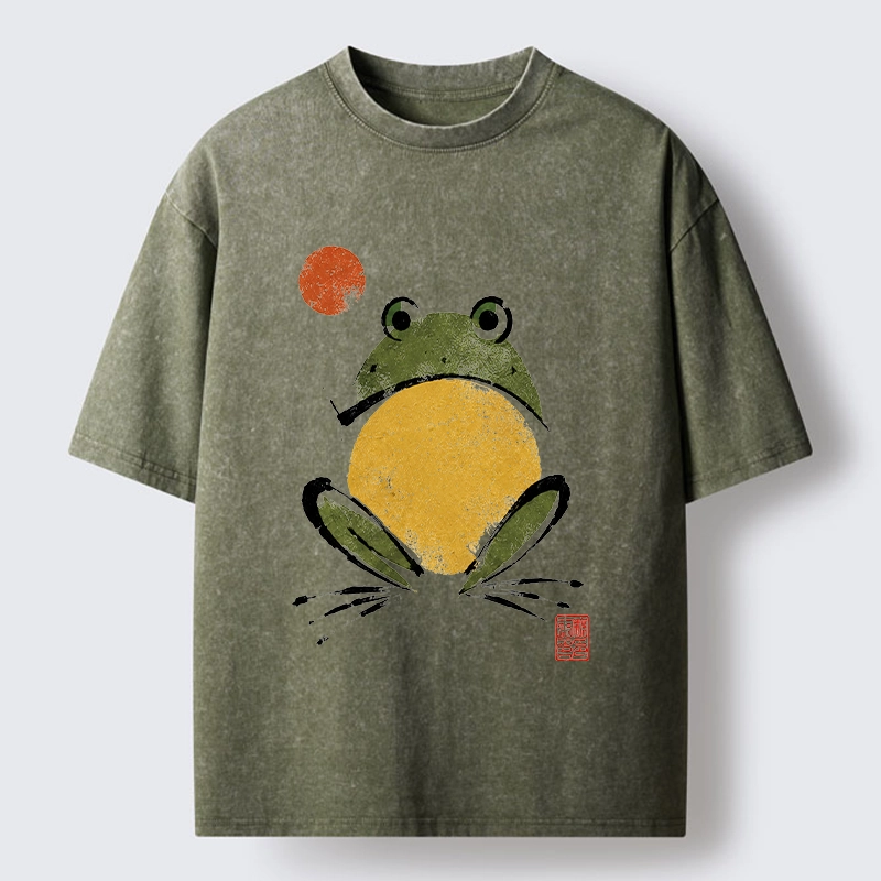 Tokyo-Tiger Ink Style Frog Art Washed T-Shirt