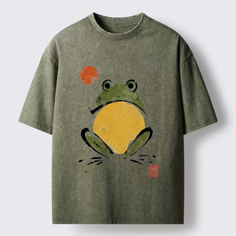Tokyo-Tiger Ink Style Frog Art Washed T-Shirt