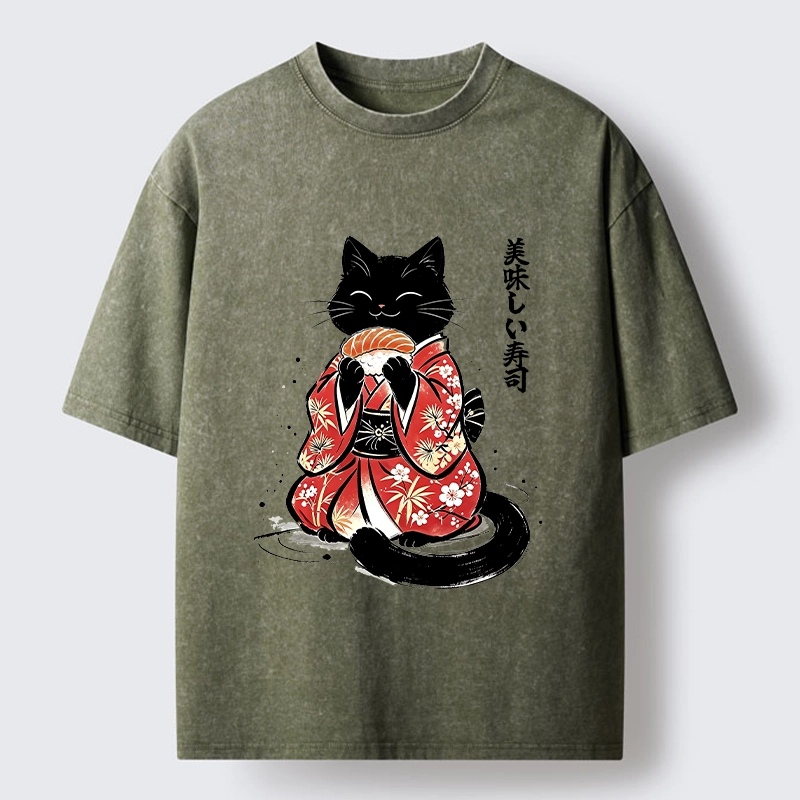 Tokyo-Tiger Sushi Loving Black Cat Washed T-Shirt