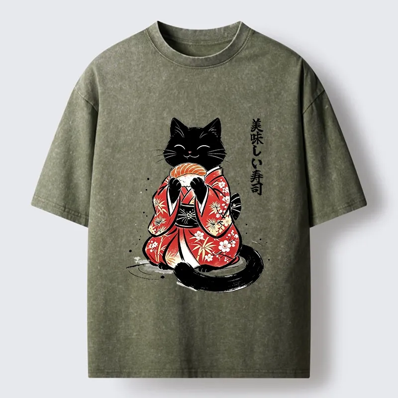 Tokyo-Tiger Sushi Loving Black Cat Washed T-Shirt