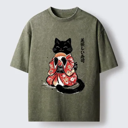 Tokyo-Tiger Sushi Loving Black Cat Washed T-Shirt
