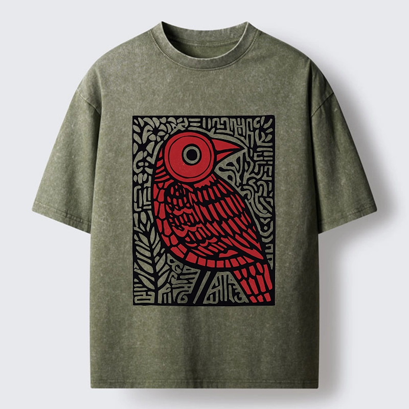Tokyo-Tiger Retro Woodblock Bird Washed T-Shirt