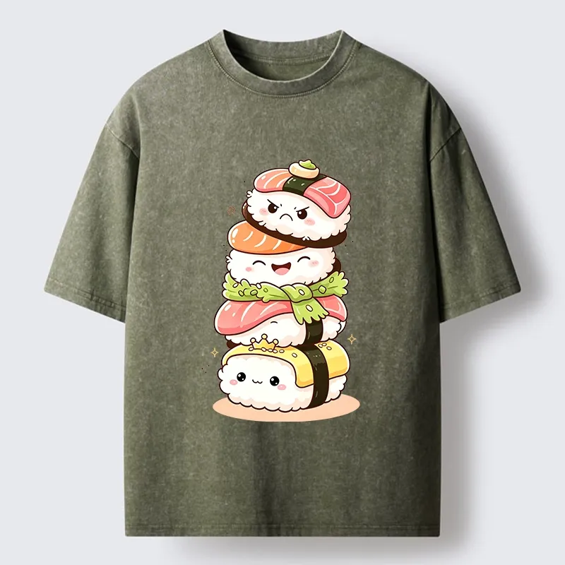 Tokyo-Tiger Cute Sushi Stack Squad Washed T-Shirt
