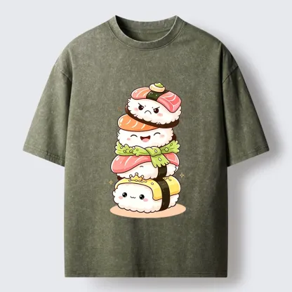 Tokyo-Tiger Cute Sushi Stack Squad Washed T-Shirt