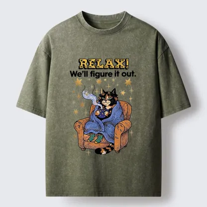 Tokyo-Tiger Chill Cat Relax Mode Washed T-Shirt