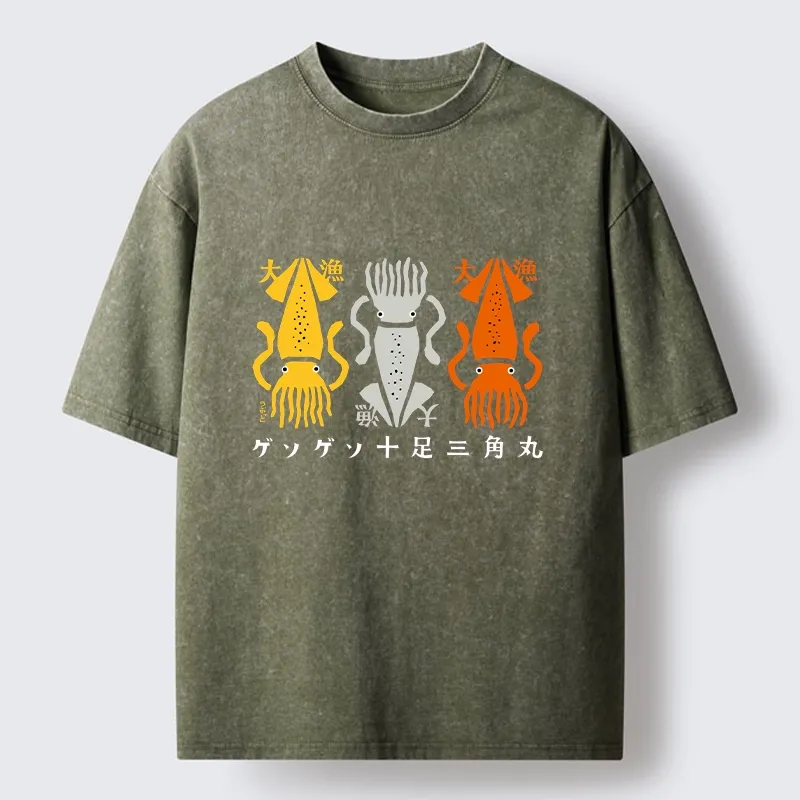 Tokyo‑Tiger Meme Squid Party Time Washed T‑-Shirt