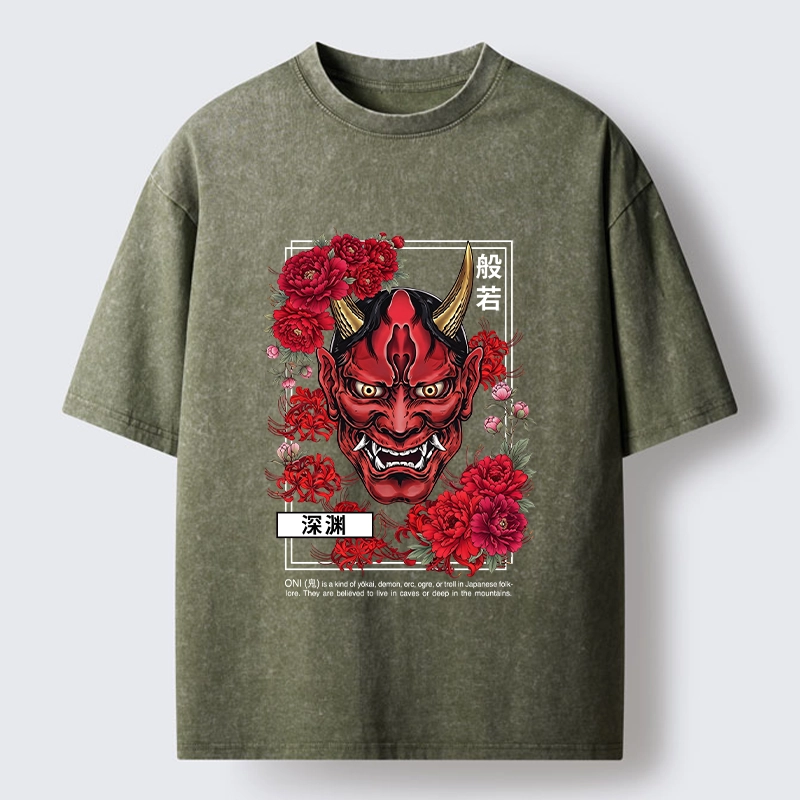 Tokyo‑Tiger Cool Oni Floral Art Washed T‑-Shirt