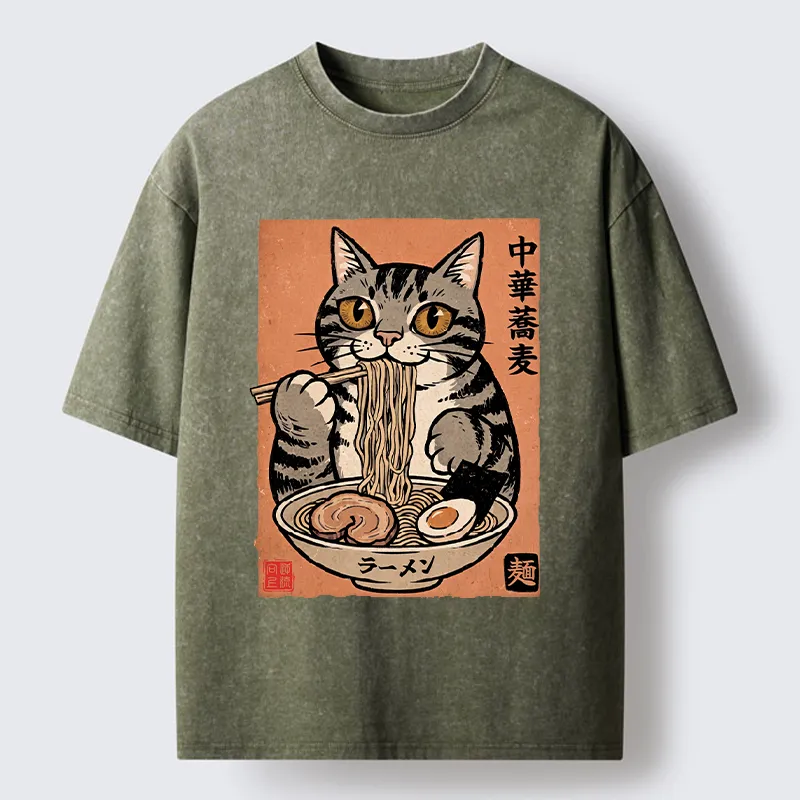 Tokyo‑Tiger Tanuki Eating Ramen Washed T-Shirt
