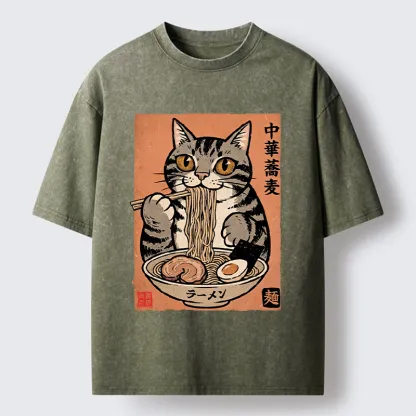 Tokyo‑Tiger Tanuki Eating Ramen Washed T-Shirt