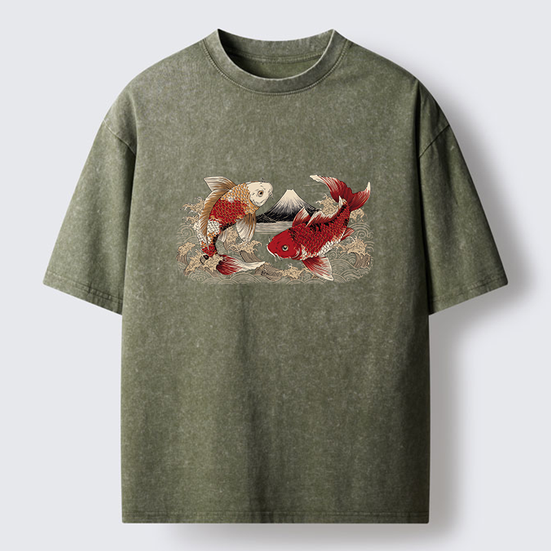 Tokyo‑Tiger Koi And Mount Fuji Washed T-Shirt