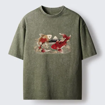 Tokyo‑Tiger Koi And Mount Fuji Washed T-Shirt