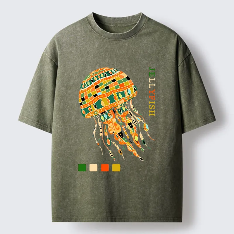 Tokyo‑Tiger Jellyfish Painting Art Washed T-Shirt