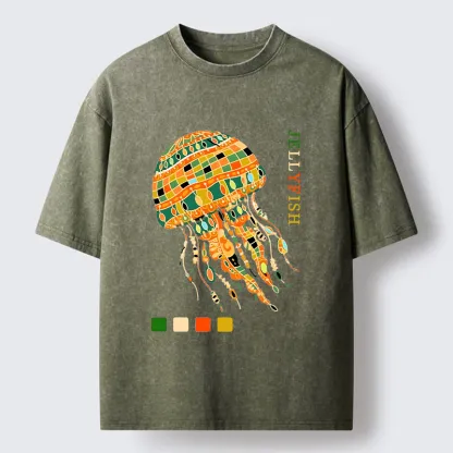 Tokyo‑Tiger Jellyfish Painting Art Washed T-Shirt
