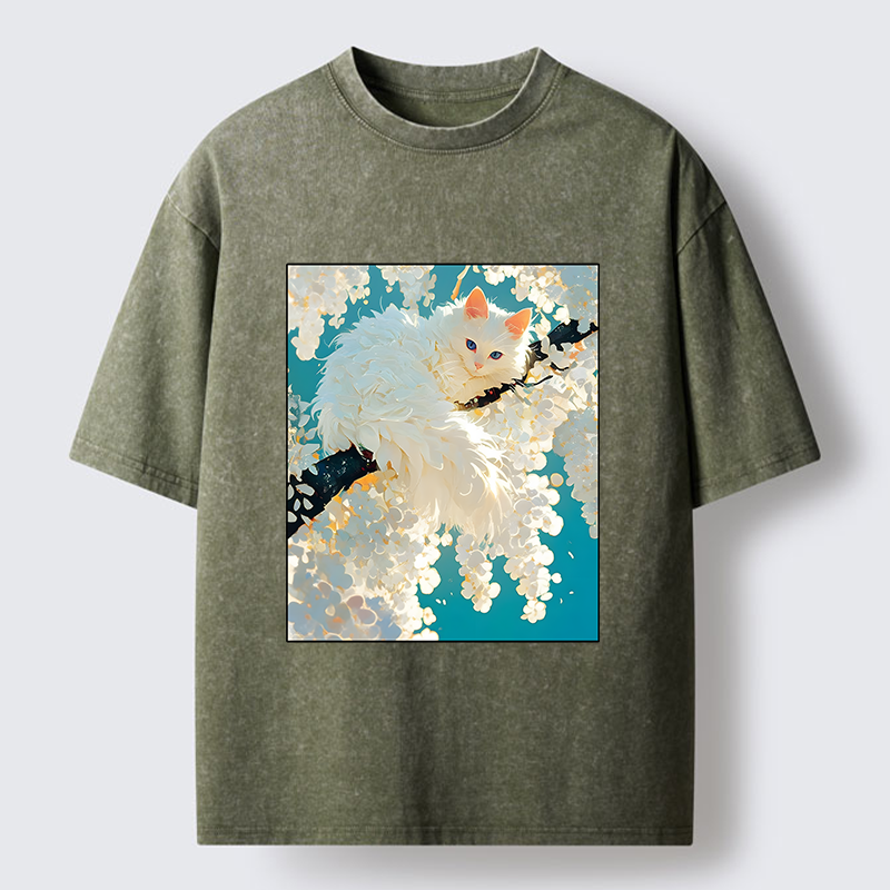 Tokyo‑Tiger Beautiful White Cat Art Washed T-Shirt