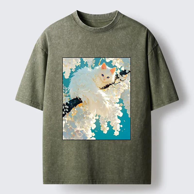 Tokyo‑Tiger Beautiful White Cat Art Washed T-Shirt