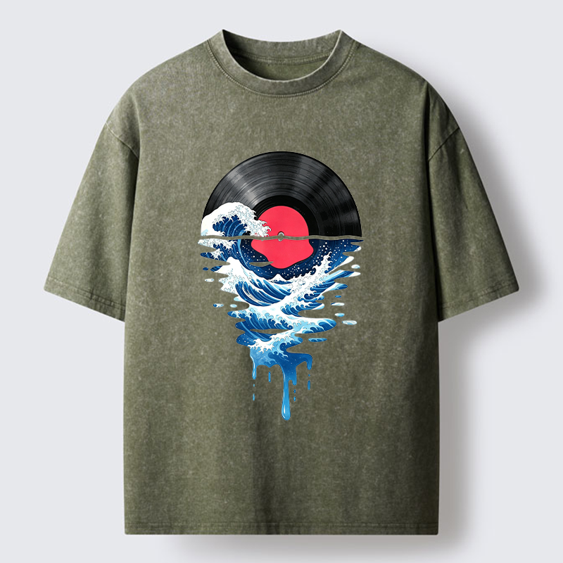 Tokyo‑Tiger Vinyl Records And Waves Washed T-Shirt