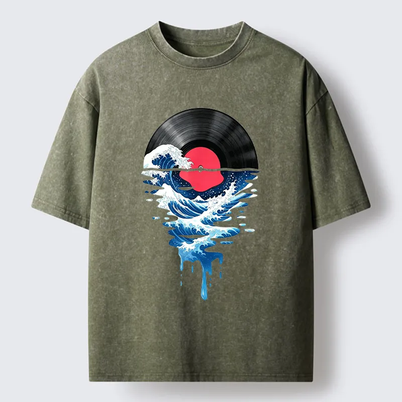 Tokyo‑Tiger Vinyl Records And Waves Washed T-Shirt
