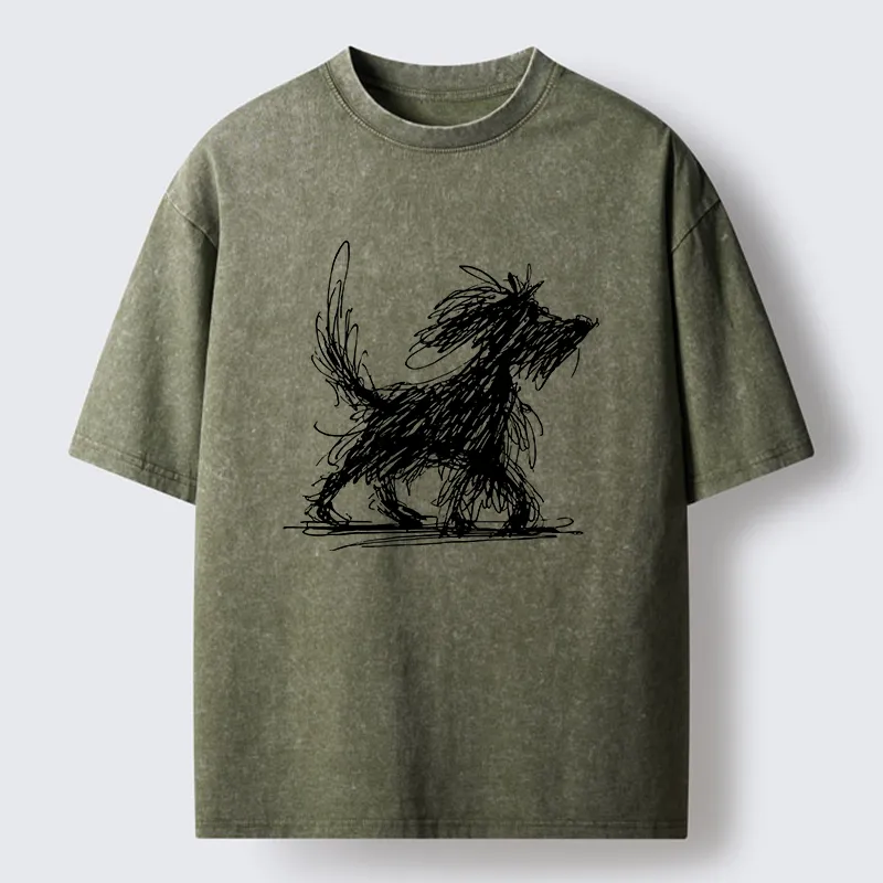 Tokyo‑Tiger Dog Line Drawing Washed T-Shirt
