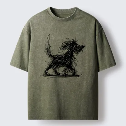 Tokyo‑Tiger Dog Line Drawing Washed T-Shirt