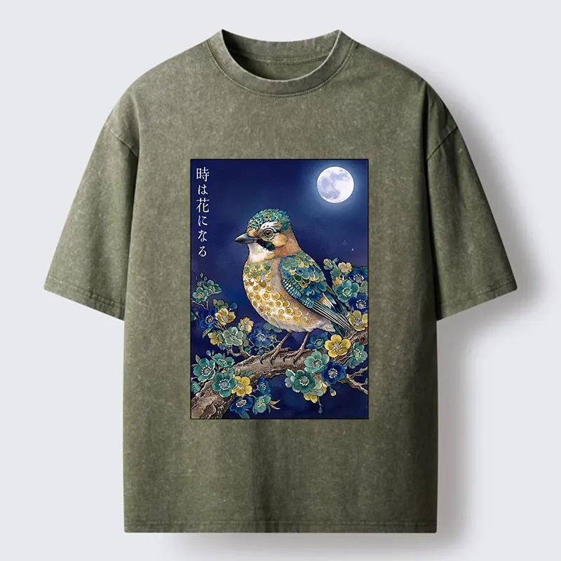 Tokyo-Tiger Moon Bird Floral Retro Art Washed T-Shirt