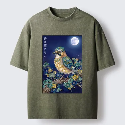 Tokyo-Tiger Moon Bird Floral Retro Art Washed T-Shirt