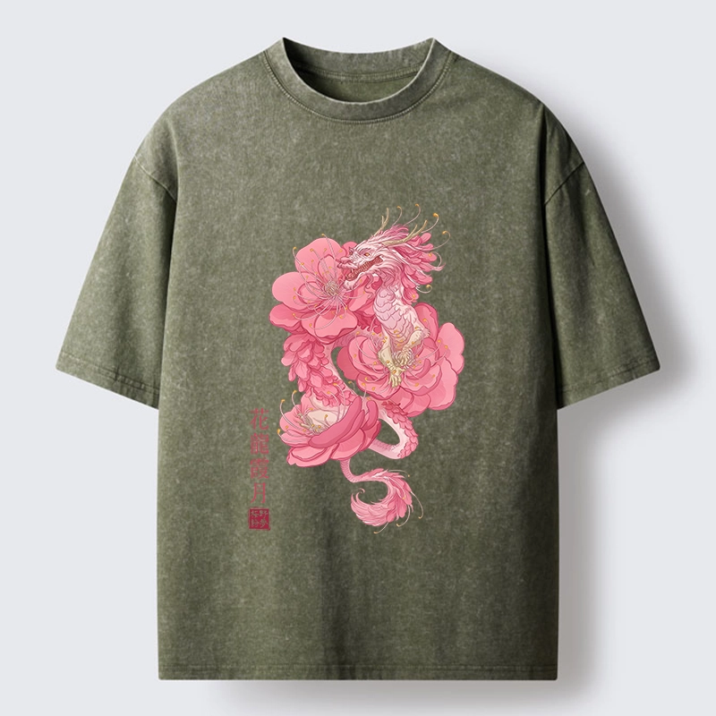 Tokyo-Tiger Pink Flower Dragon Washed T-Shirt