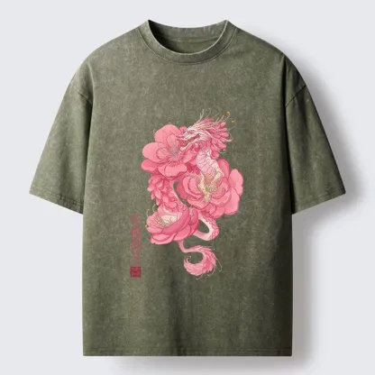 Tokyo-Tiger Pink Flower Dragon Washed T-Shirt