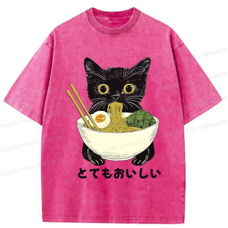 Tokyo-Tiger Ramen Lover Cute Cat Washed T-Shirt