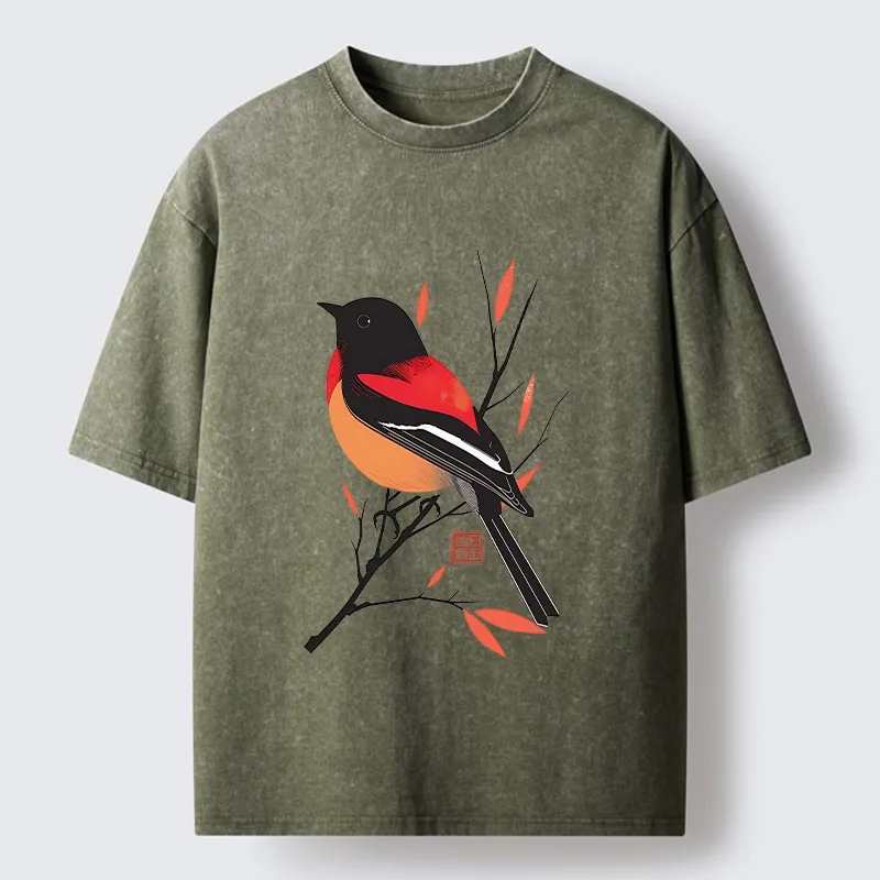 Tokyo‑Tiger Oriental Bird Graphic Washed T‑Shirt
