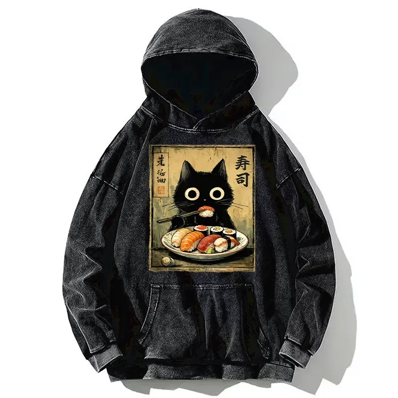 Tokyo-Tiger Vintage Japanese Sushi Cat Washed Hoodie
