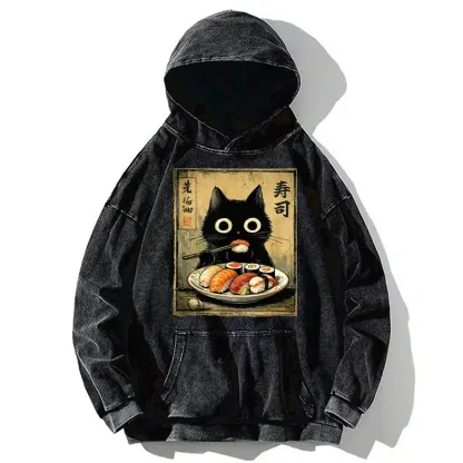 Tokyo-Tiger Vintage Japanese Sushi Cat Washed Hoodie