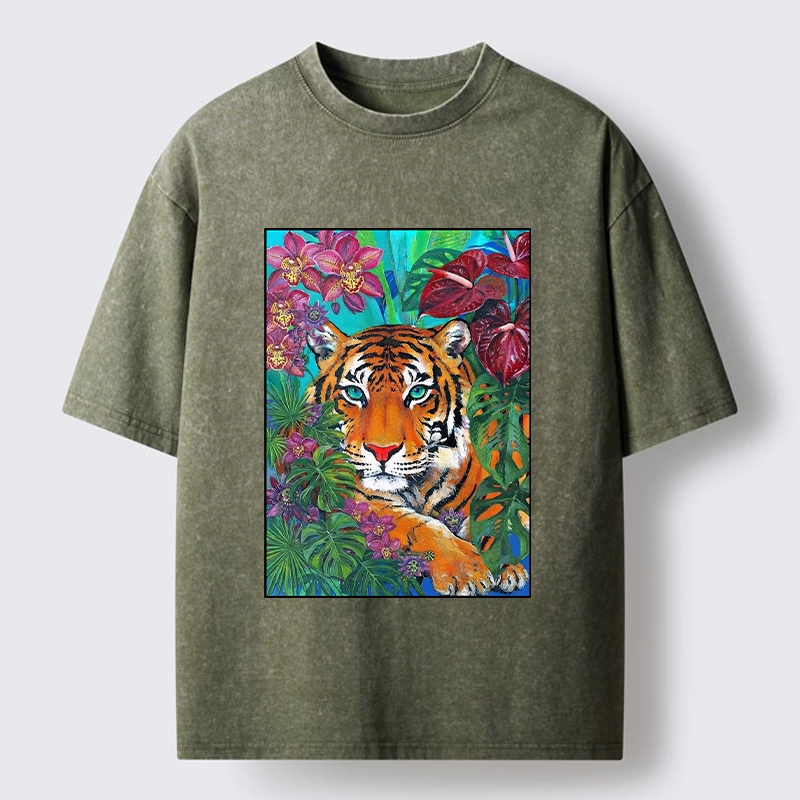 Tokyo-Tiger Floral Tiger Portrait Washed T-Shirt