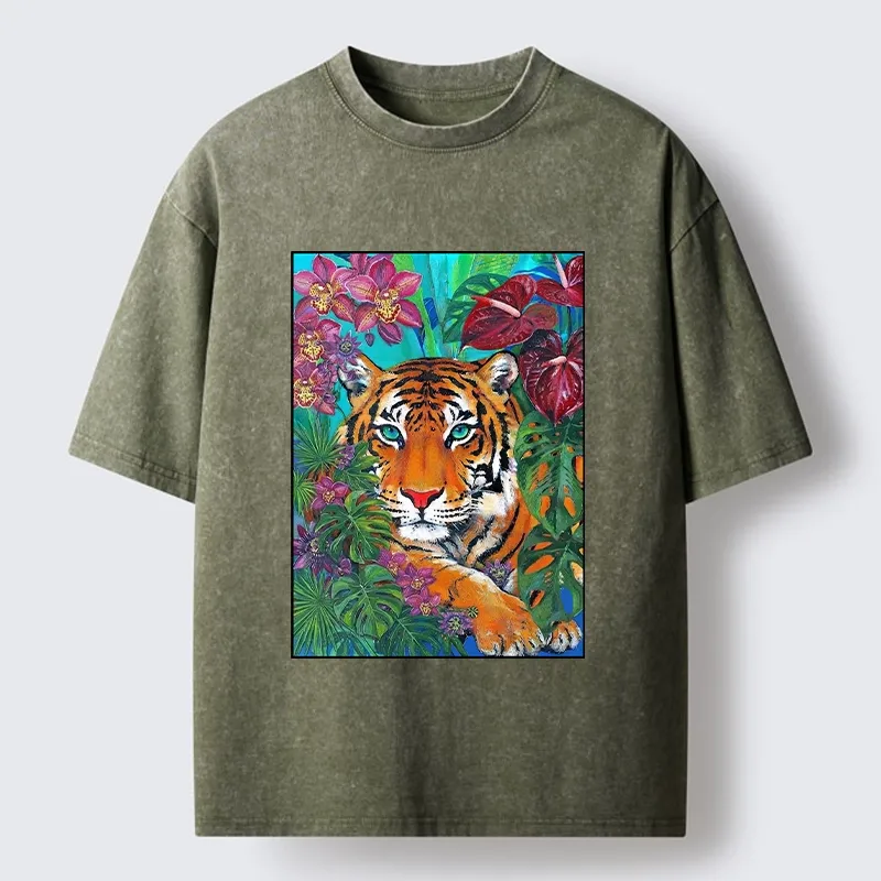 Tokyo-Tiger Floral Tiger Portrait Washed T-Shirt