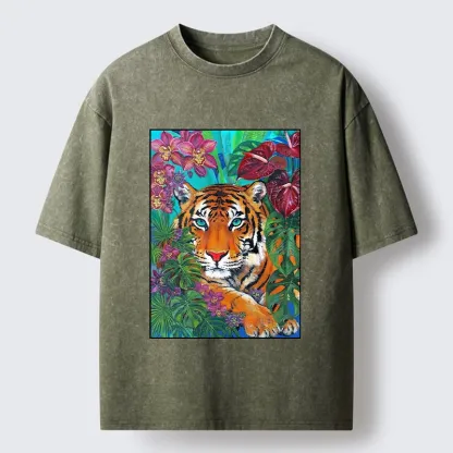 Tokyo-Tiger Floral Tiger Portrait Washed T-Shirt